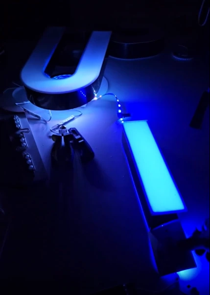 Close-up of channel letter with blue LED illumination