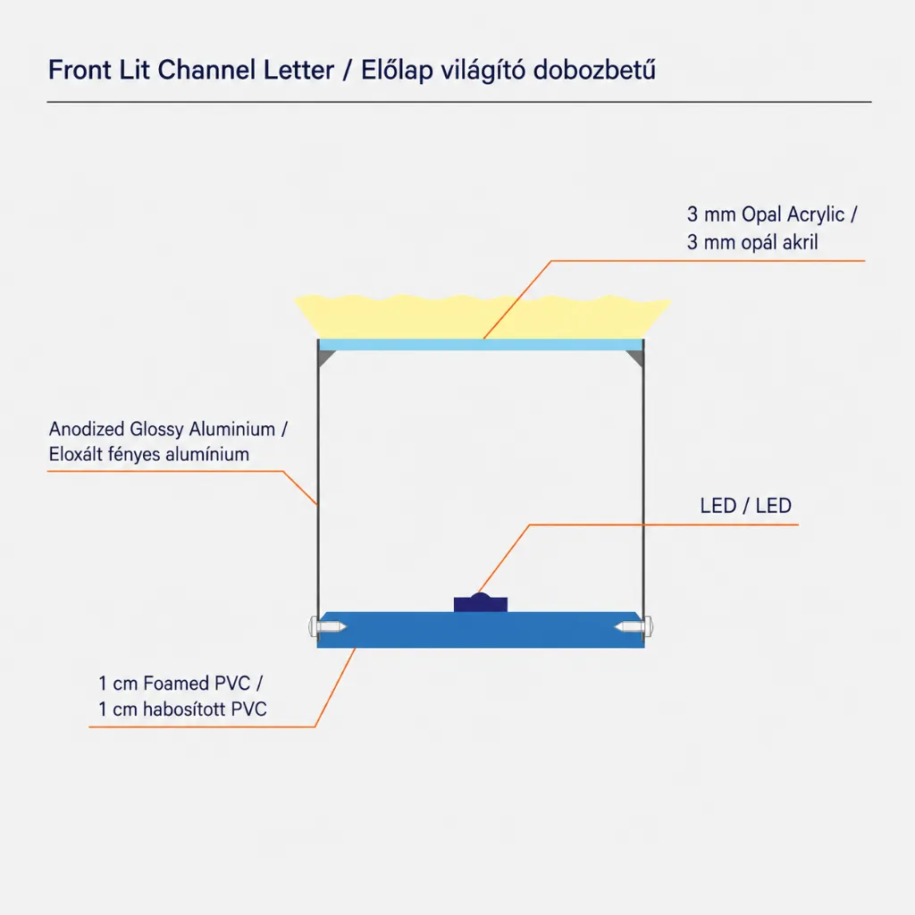 Front Lit Channel Letter - Előlap világító dobozbetű - cros section - Mr Sign Jo - Budapest.webp